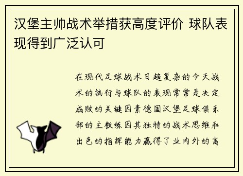 汉堡主帅战术举措获高度评价 球队表现得到广泛认可