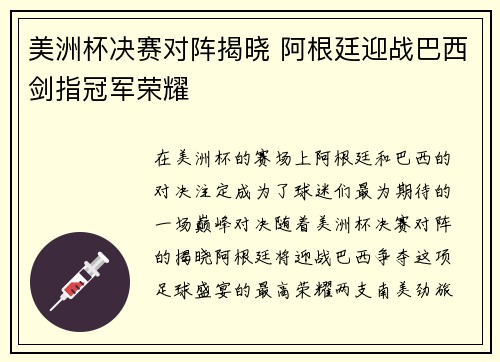 美洲杯决赛对阵揭晓 阿根廷迎战巴西剑指冠军荣耀