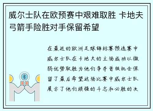 威尔士队在欧预赛中艰难取胜 卡地夫弓箭手险胜对手保留希望