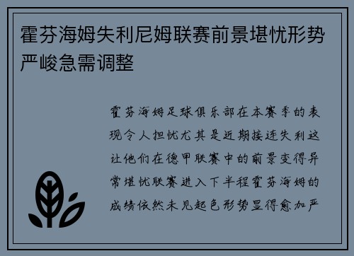霍芬海姆失利尼姆联赛前景堪忧形势严峻急需调整