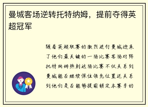 曼城客场逆转托特纳姆，提前夺得英超冠军