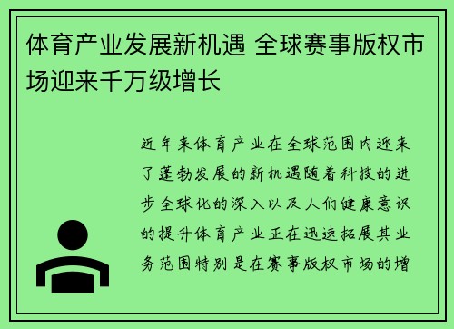 体育产业发展新机遇 全球赛事版权市场迎来千万级增长
