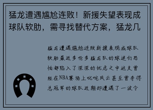 猛龙遭遇尴尬连败！新援失望表现成球队软肋，需寻找替代方案，猛龙几连败