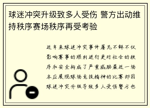 球迷冲突升级致多人受伤 警方出动维持秩序赛场秩序再受考验
