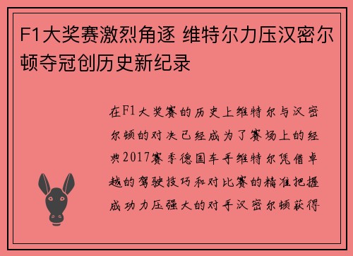 F1大奖赛激烈角逐 维特尔力压汉密尔顿夺冠创历史新纪录
