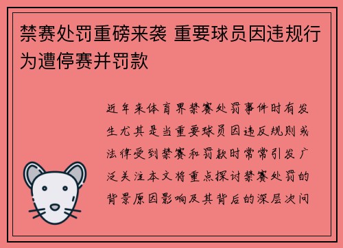 禁赛处罚重磅来袭 重要球员因违规行为遭停赛并罚款